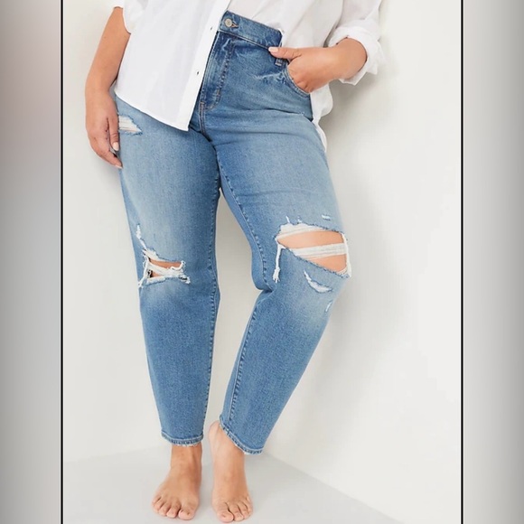 Old Navy Denim - OLD NAVYHigh-Waisted Secret-Smooth Pockets O.G. Straight Plus-Size Ripped Jeans